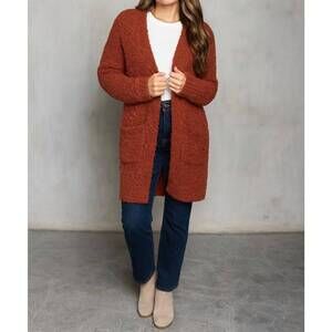 NEW PINE APPAREL longline popcorn open front cardigan in paprika
